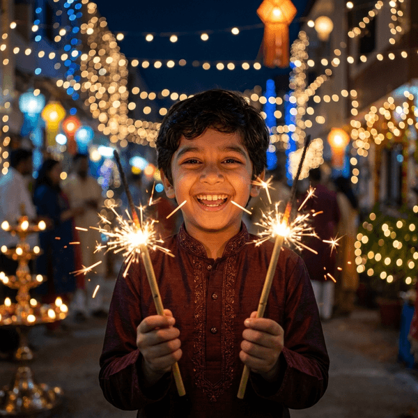 Smiling boy holding sparklers